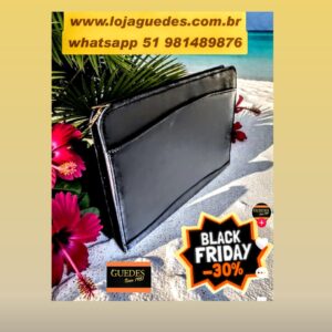 Pasta Envelope Bekerley - Couro Clássico Preto/Forro Veludo Grafite CC 10x sem juros/Pix 15% desconto